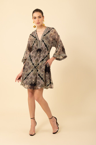 Hale Bob Emerie Kimono Sleeve Paisley Black Silk Dress