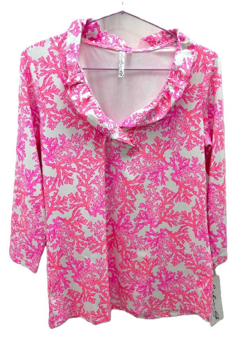 Lulu-B Pink Sea Coral Print Ruffle Neckline Top