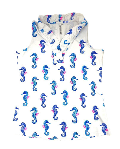 Lulu-B Blue Seahorse Print Ruffle Neckline Sleeveless Top
