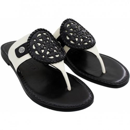 Brighton Alexa Black Emblem White Leather Thong Sandal