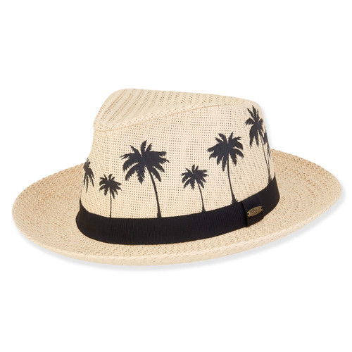 Caribbean Joe Black Palm Tree Print Beige Straw Men's Noah Fedora Hat