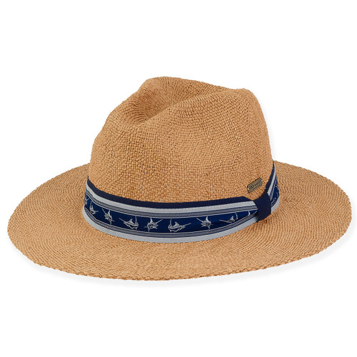 Guy Harvey Navy Marlin Fish Ribbon Natural Straw Men's Jorge Safari Hat