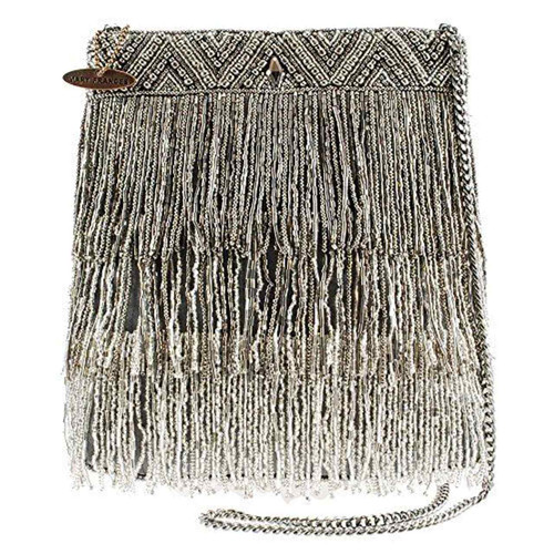 Mary Frances Shimmer Falls Silver Bead Tiki Fringe Crossbody Purse Mary Frances Shimmer Falls Silver Bead Tiki Fringe Crossbody Purse