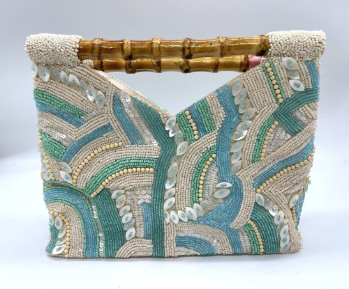 Tiana Designs Aqua & Sea Foam Beaded Curves Bamboo Handle Clutch Purse Tiana Designs Aqua & Sea Foam Beaded Curves Bamboo Handle Clutch Purse