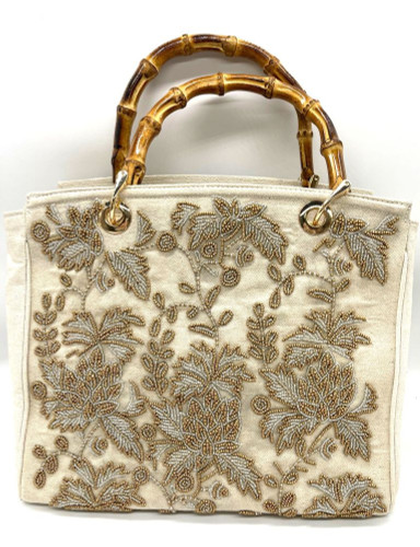 Tiana Designs Beaded Gold & Silver Floral Bamboo Handles Canvas Tote Purse Tiana Designs Beaded Gold & Silver Floral Bamboo Handles Canvas Tote Purse