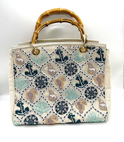 Tiana Designs Beaded Nautical Themed Bamboo Handles Canvas Tote Purse Tiana Designs Beaded Nautical Themed Bamboo Handles Canvas Tote Purse