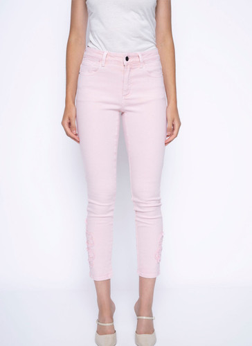 Picadilly Embroidered Raw Edge Flowers Cotton Candy Pink Ankle-Length Jeans
