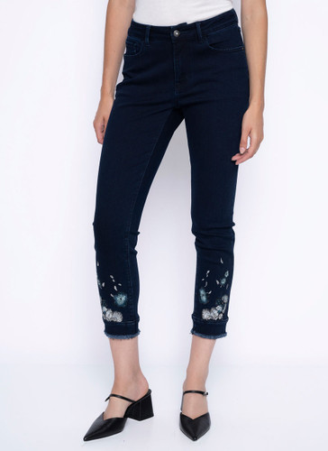 Picadilly Deep Ink Stretch Denim Jade Flower Embroidery Jeans