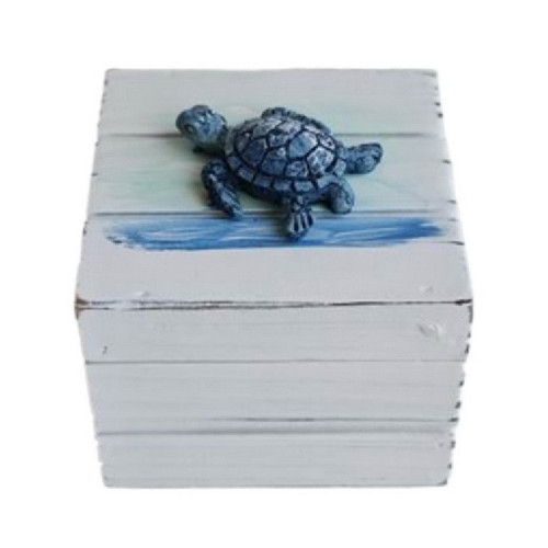 White Wood Crate Trinket Box With Blue Turtle Figurine White Wood Crate Trinket Box With Blue Turtle Figurine