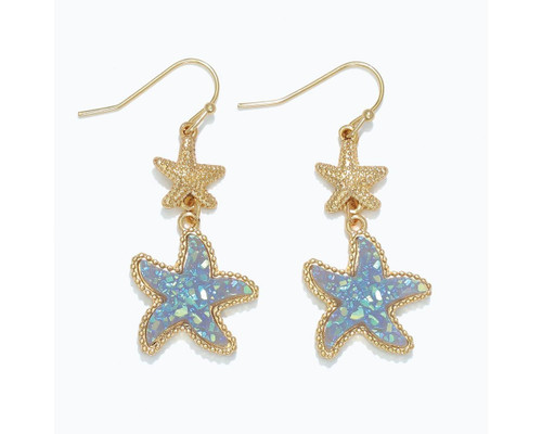 Periwinkle Sparkling Blue Druzy Starfish Gold Dangle Earrings