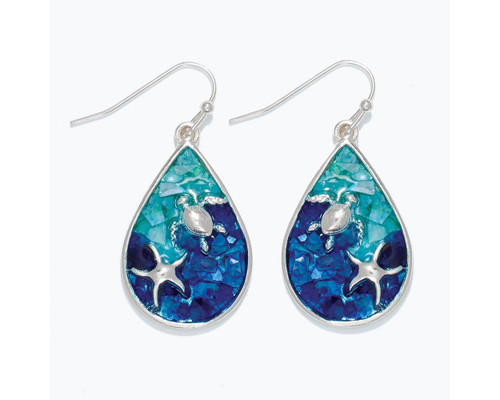 Periwinkle Silver Sealife on Aqua Blue Shell Inlay Dangle Earrings