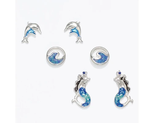 Periwinkle Silver Dolphin Blue Mermaid Sea Life Trio Stud Earrings Set