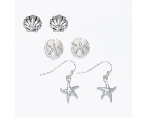 Periwinkle Silver Sea Life Studs and Wire Trio Earrings Set