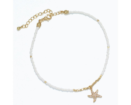 Periwinkle White Seed Beads with Gold Starfish Anklet