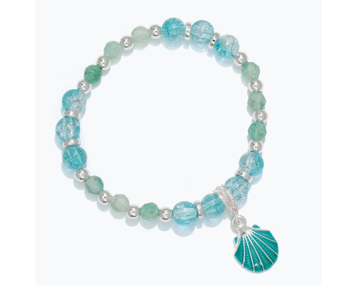 Periwinkle Turquoise and Aqua Crackle Beads Seashell Charm Stretch Bracelet