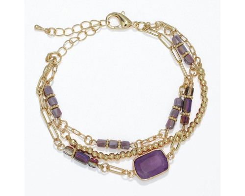 Periwinkle Gold and Amethyst Beads 3 Row Chain Bracelet