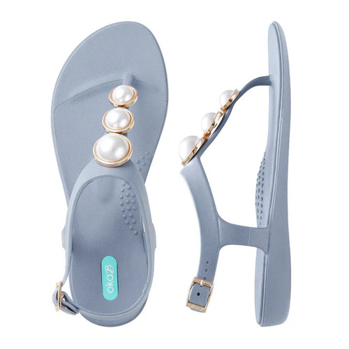 Oka-B Maisie Pearl Strand Dusty Blue Silver Buckle T-Strap Sandals