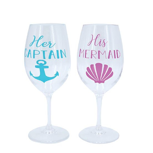 Mermaid and Ship Captain Wine Glass Set of 2