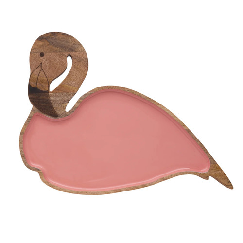 Beachcombers Flamingo Shaped Mango Wood & Pink Enamel Platter Tray