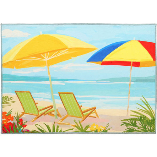 Olivia's Home Siesta Key Beachside Umbrellas & Chairs Ultra Thin Palm Tree Accent Rug