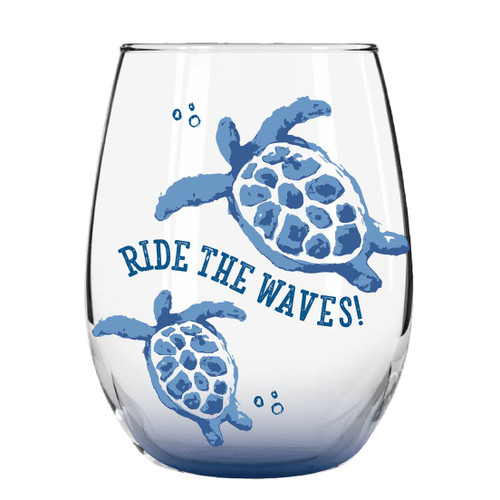 Ride The Waves Stemless Wine Glass turtles