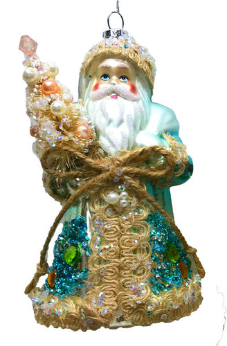 Coastal Blue Santa Holding a Christmas Tree Ornament
