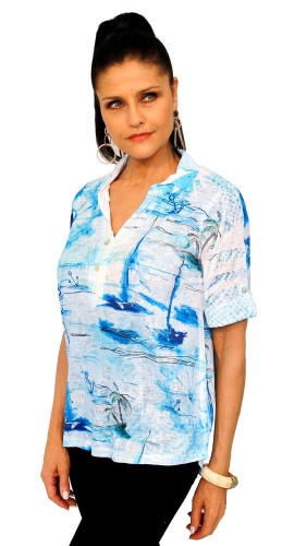 Impulse California Blue Sailboat Island Scene Sequin Accents Sort Sleeve Cuff Top Impulse California Blue Sailboat Island Scene Sequin Accents Sort Sleeve Cuff Top