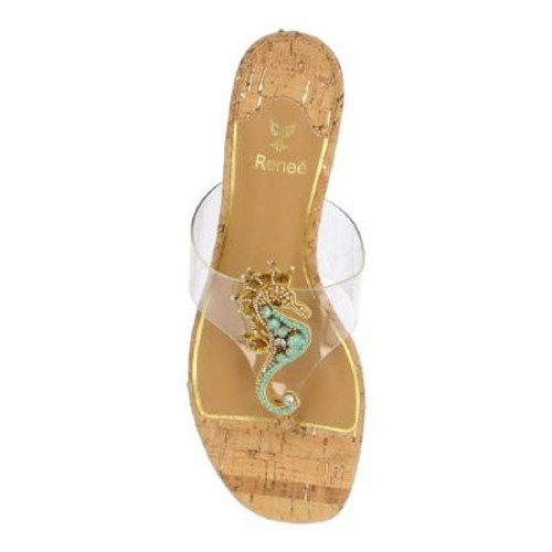 J. Renee Seehorse Seafoam Green Seahorse Gold Cork Low Heel Sandal