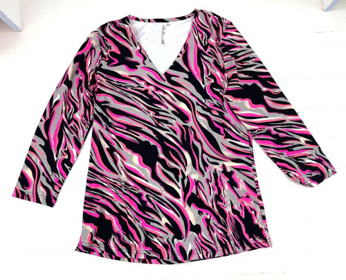 Lulu-B Neon Pink Wild Wave Print V-Neck 3/4 Sleeve Top