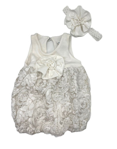 Peaches N Cream Baby White Rosette Infant Girls Bubble Romper & Flower Headband Set