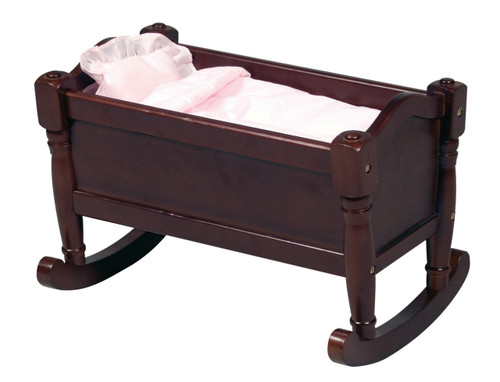 Guidecraft Dark Espresso Wood Baby Doll Cradle with Pink Bedding