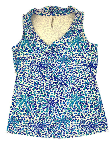 Lulu-B Tropical Cheetah Palm Tree Blue Print Ruffle Neckline Sleeveless Top