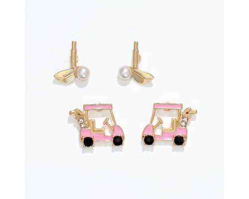 Periwinkle Pink Golf Cart and Clubs Duo Stud Earrings Set