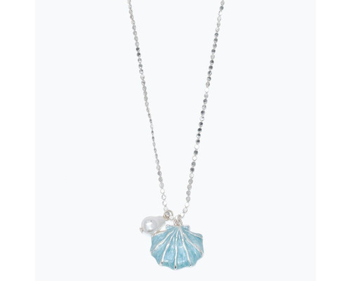 Periwinkle Blue Scallop Shell Silver Dotted Chain Necklace With Pearl Dangle
