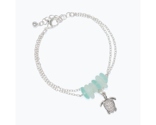 Periwinkle Baroque Sea Glass Beads With Turtle Charm Silver Anklet