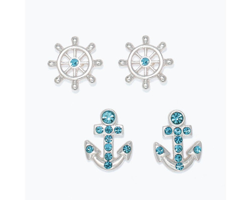 Periwinkle Blue Crystal Nautical Duo Silver Stud Earrings Set