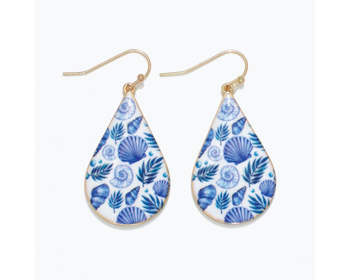 Periwinkle Blue Sea Life Print Gold Teardrop Earrings