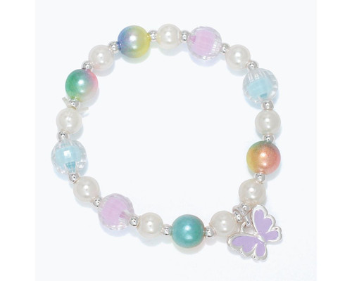 Periwinkle Purple Butterfly Charm Pastel and Pearl Beads Children's Stretch Bracelet
