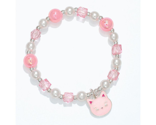 Periwinkle Pink Kitty Charm Crystal and Pearl Beads Children's Stretch Bracelet