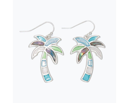 Periwinkle Tiffany Style Abalone Palm Tree Shaped Silver Earrings
