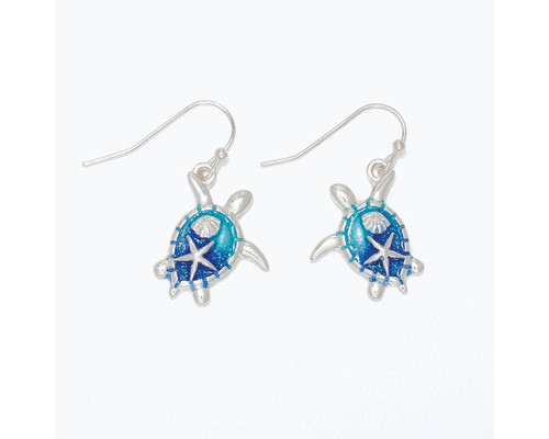 Periwinkle Blue Ocean Sea Life Scene Turtle Dangle Silver Earrings