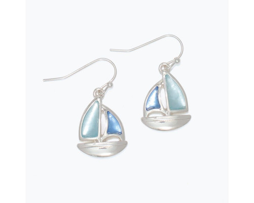 Periwinkle Light Blue Shimmer Sails Silver Sailboat Dangle Earrings