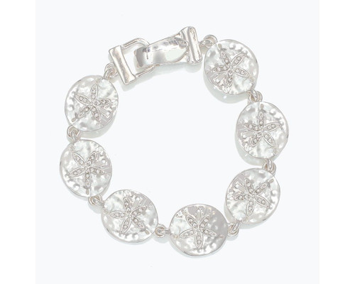 Periwinkle Hammered Sand Dollars With Crystals Silver Link Bracelet