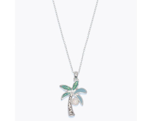 Periwinkle Aqua Coconut Palm Tree Pendant Silver Necklace