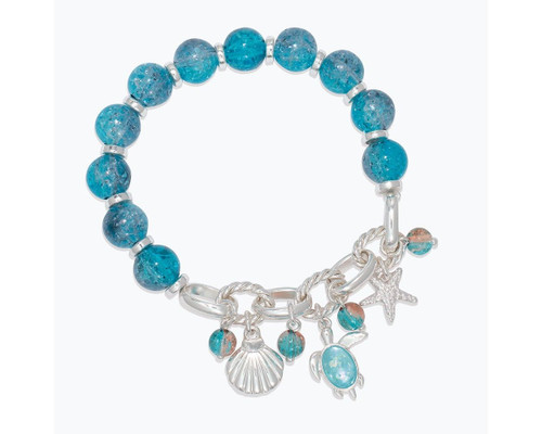 Periwinkle Teal Blue Crackled Glass Beads Sea Charm Stretch Bracelet