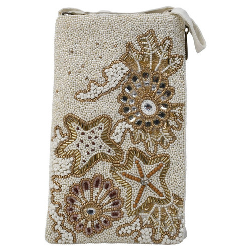 Bamboo Trading Company Elegant Gold & Ivory Ocean Life Beaded Crossbody Club Smart Phone Bag