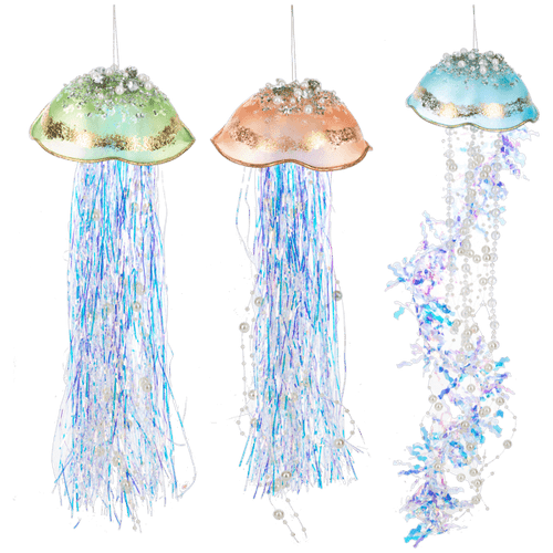 Ganz Gold Accented Glass Jellyfish Ornaments With Tinsel Tentacles