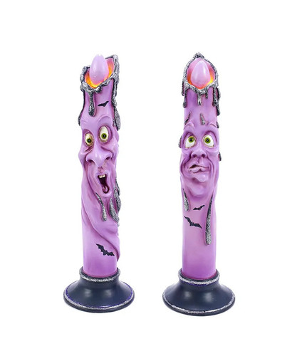 Kurt Adler Purple Ghost Face Glitter LED Taper Candlestick Set of 2