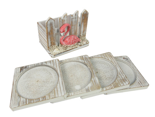 Wood Drink Coasters in a Pink Flamingo Holder
