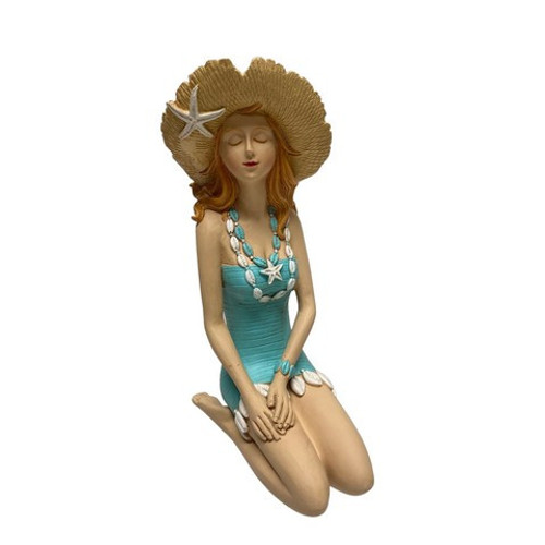Fancy That Kneeling Beach Lady In Cowrie Shell Fringe Aqua Dress Figurine